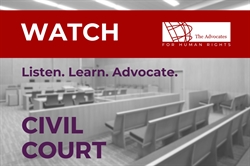 [ai] An empty civil court room with wooden benches and a judge's bench in the background. Text overlay reads 'WATCH Listen. Learn. Advocate.' and 'CIVIL COURT' in purple.